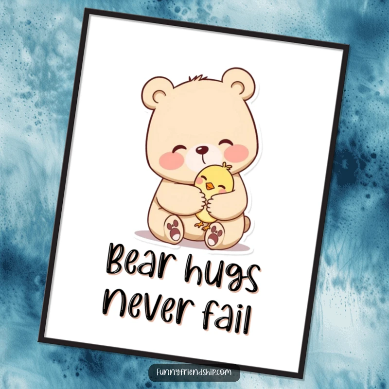 Funny Free Printable Wall Art: A large, fuzzy bear giving a warm, enveloping hug to a small, content bird.
