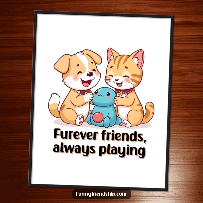 Funny Free Printable Wall Art of a happy dog and cat playfully wrestling over a toy, bringing instant cheer to any room.