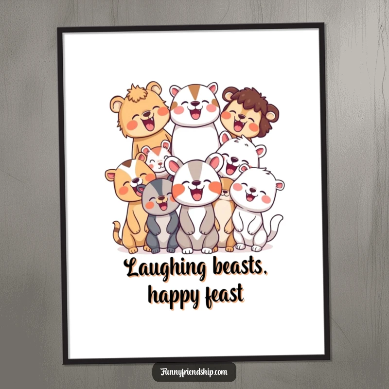 Funny Free Printable Wall Art showcasing a diverse ensemble of animals in fits of joyful laughter, radiating happiness and fun.