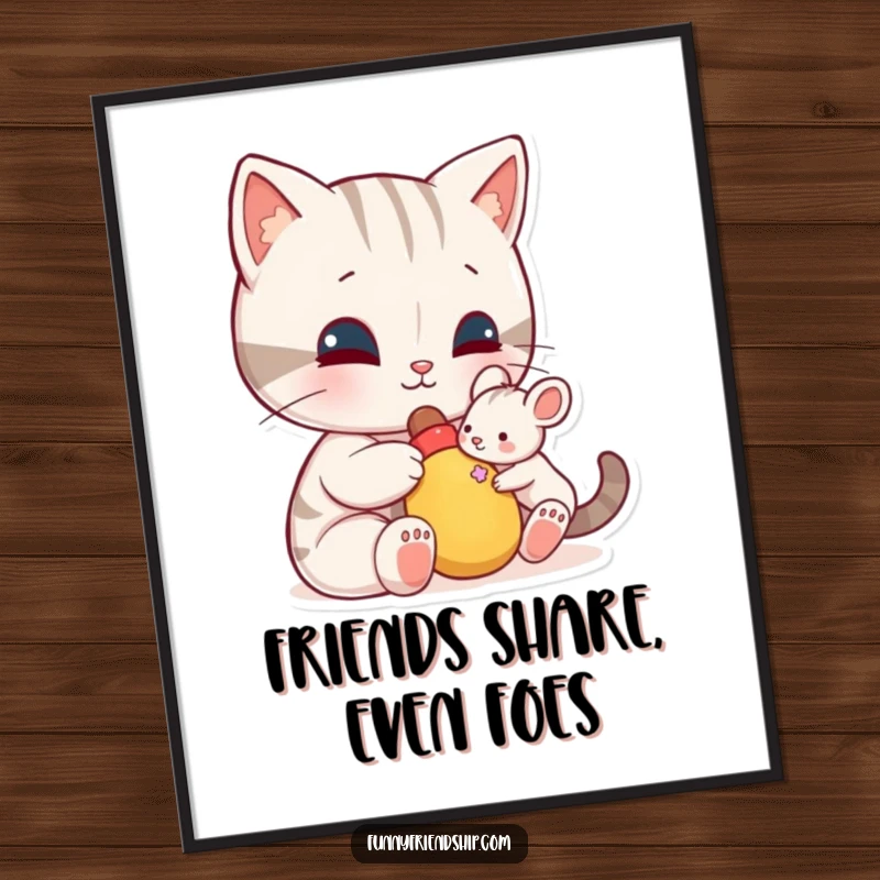 Funny Free Printable Wall Art: A cat character kindly shares a toy with a small mouse character, a whimsical and heartwarming piece.