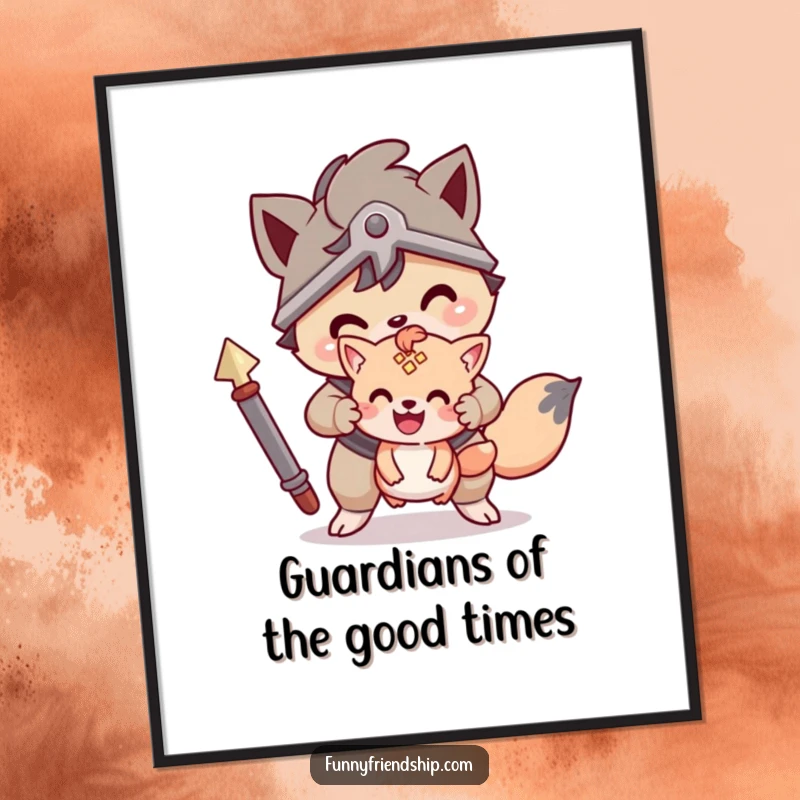 Funny Free Printable Wall Art: Brave animal character protectively watching over a smaller friend. Downloadable art.