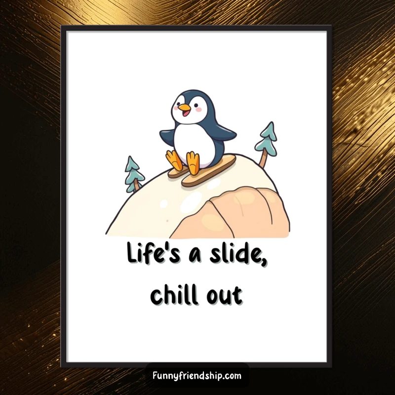 Funny Free Printable Wall Art: A cheerful penguin and its friend having a blast sliding down a snowy hill.