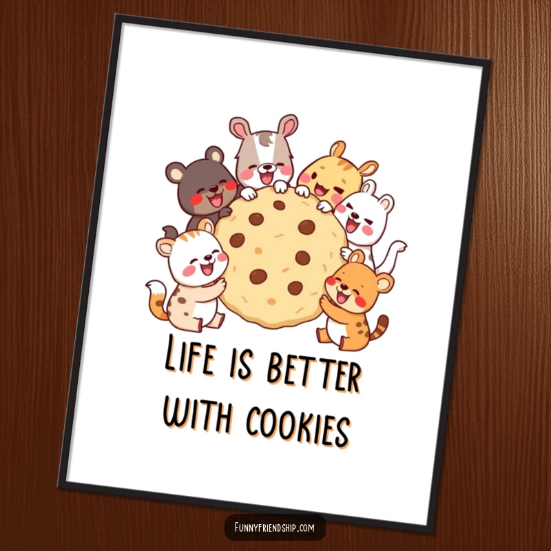 Funny Free Printable Wall Art depicting a diverse group of animals happily sharing a giant cookie and laughing.