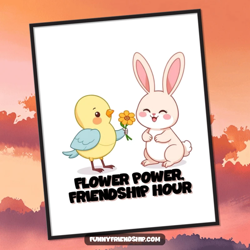 Funny Free Printable Wall Art: A whimsical bird offers a blossoming flower to a delighted, smiling rabbit, creating a heartwarming scene.