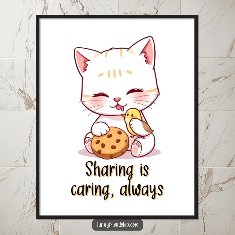 Funny Free Printable Wall Art of a cat sharing a cookie with a tiny bird, a sweet downloadable decoration.