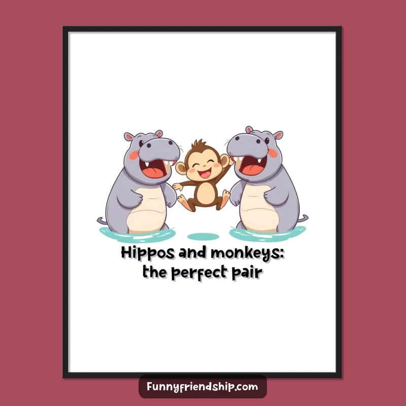 Funny Free Printable Wall Art: Monkey & Hippos Leaping Joyfully Downloadable Art