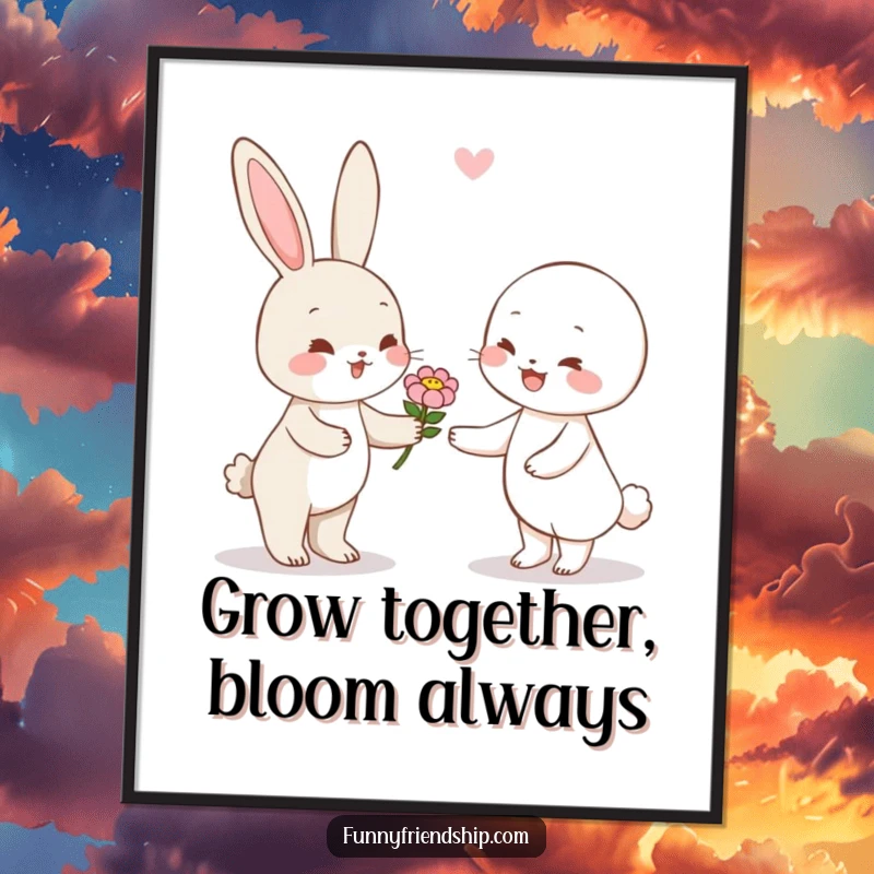 Funny Free Printable Wall Art: A cute rabbit character joyfully offering a flower to a happy friend, spreading warmth and smiles.