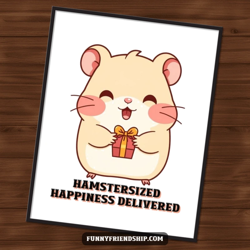 Funny Free Printable Hamster Wall Art: A happy hamster offers a tiny gift, bringing cheerful and humorous vibes to decor.