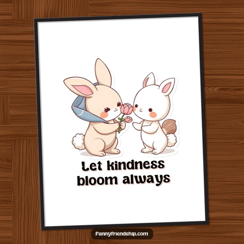 Funny Free Printable Wall Art: A sweet bunny character offers a delicate flower to another animal, a whimsical and charming piece.