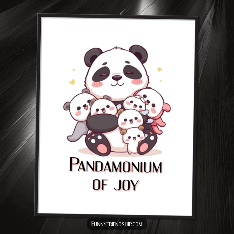Funny Free Printable Panda Wall Art: A cuddly panda joyfully embraces smaller characters, adding warmth and humor to decor.