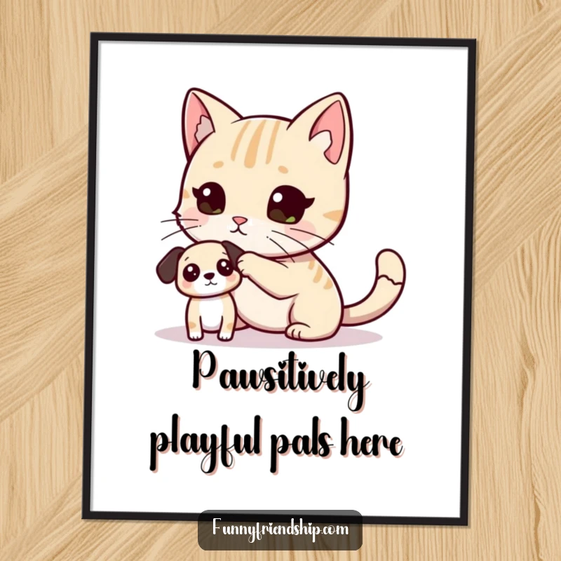 Funny Free Printable Wall Art depicting a cat playfully tagging a small dog with its paw, a humorous interaction.