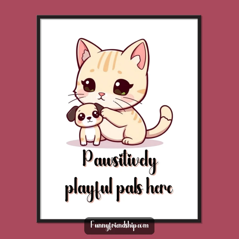 Funny Free Printable Wall Art: Cat & Dog Tag Scene, Downloadable Playful Decor