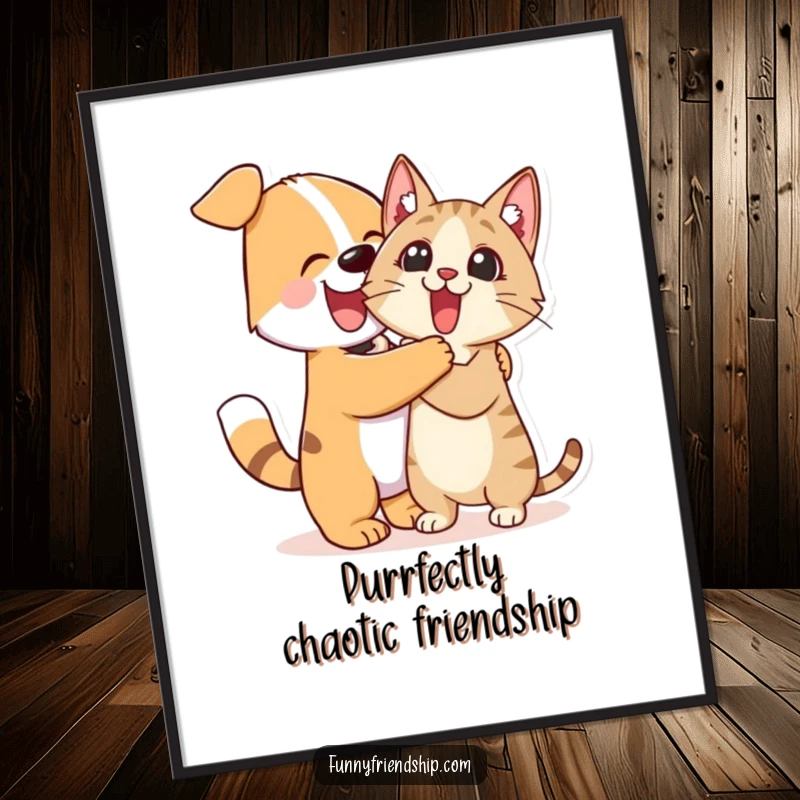 Funny free printable wall art of a cute dog enthusiastically hugging a very surprised cat.