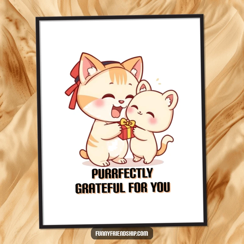 Funny Free Printable Wall Art: A delightful cat character excitedly presents a small, wrapped gift with love.