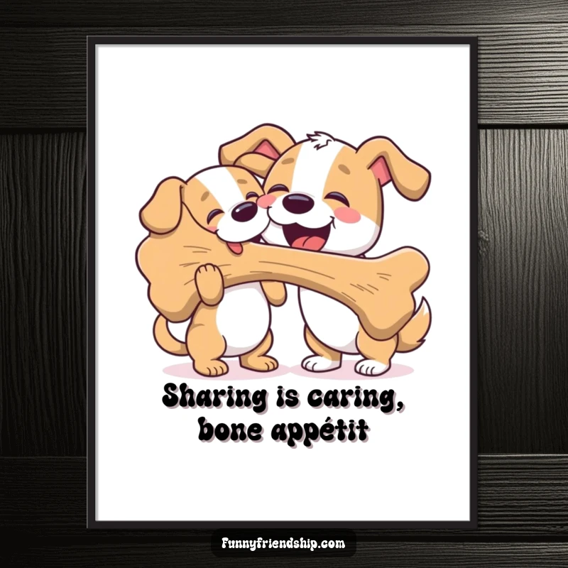 Funny Free Printable Wall Art: A friendly dog generously shares a jumbo bone with another happy pup, humorous downloadable art.
