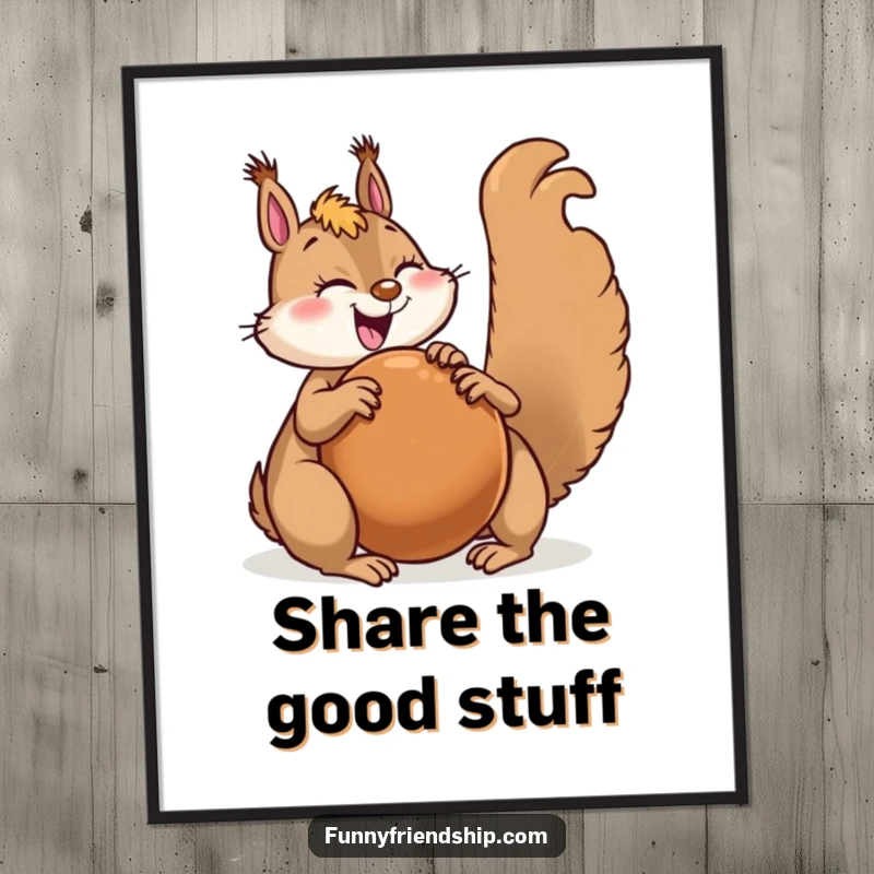 Funny Free Printable Wall Art: A cheerful squirrel generously shares a giant nut with a happy friend, embodying friendship and abundance.