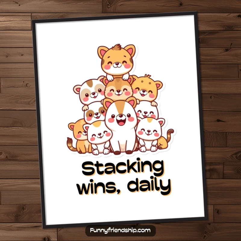 Funny free printable wall art: A delightful pyramid constructed from various smiling, happy animals.