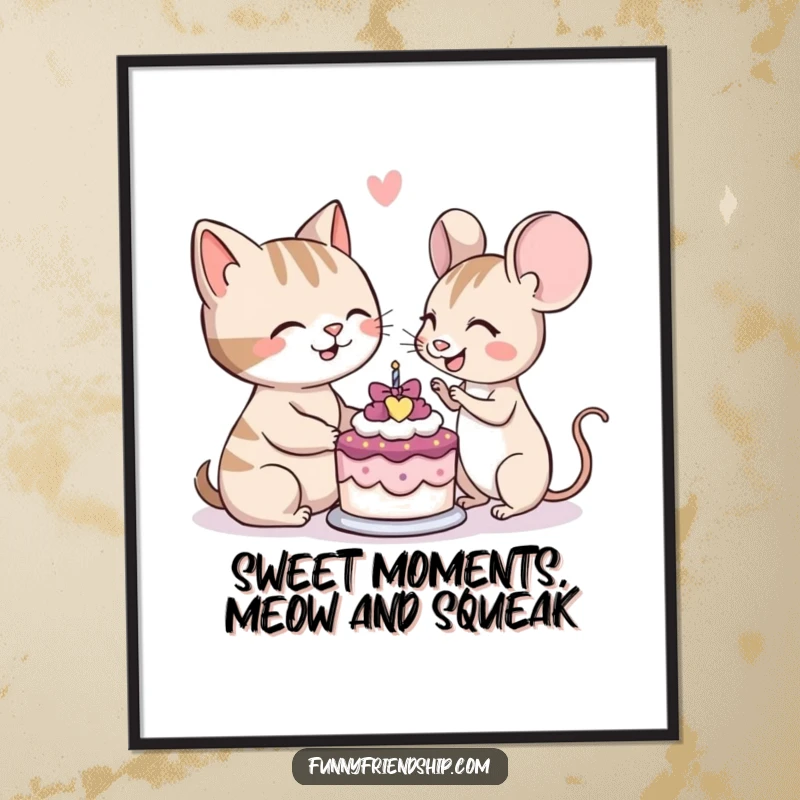 Funny Free Printable Wall Art: A cat and mouse cheerfully sharing a small cake, symbolizing friendship.