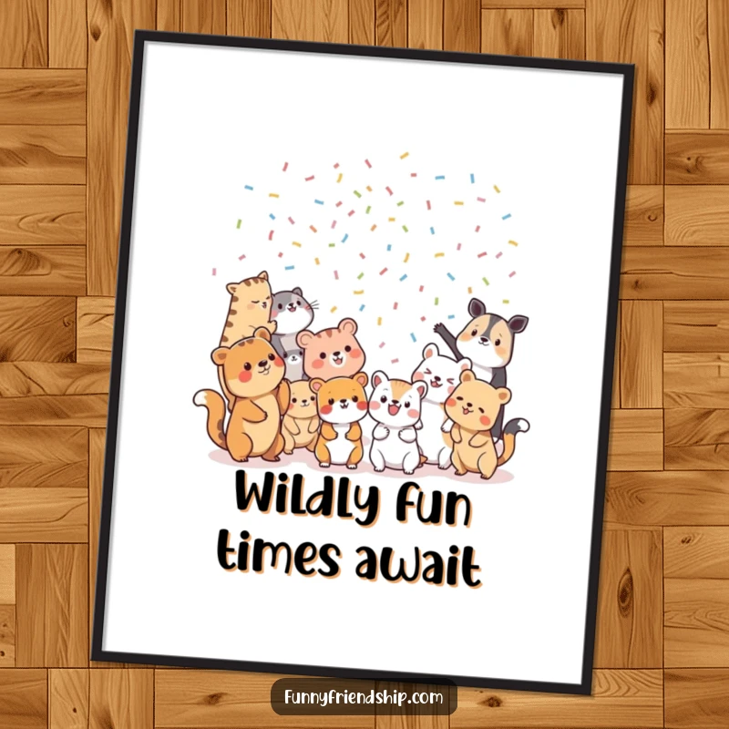 Funny free printable wall art depicting diverse animal characters having a joyful confetti tossing party.