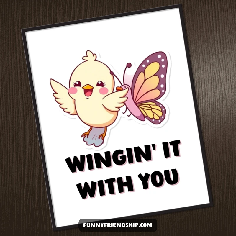 Funny Free Printable Wall Art: A graceful bird flies in perfect sync with a vibrant butterfly amidst a gentle breeze.