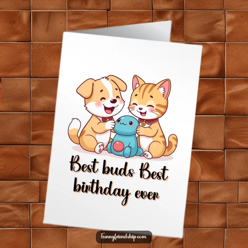 Funny Free Printable Birthday Card featuring a happy dog and cat playfully sharing a toy, ready to bring birthday cheer.