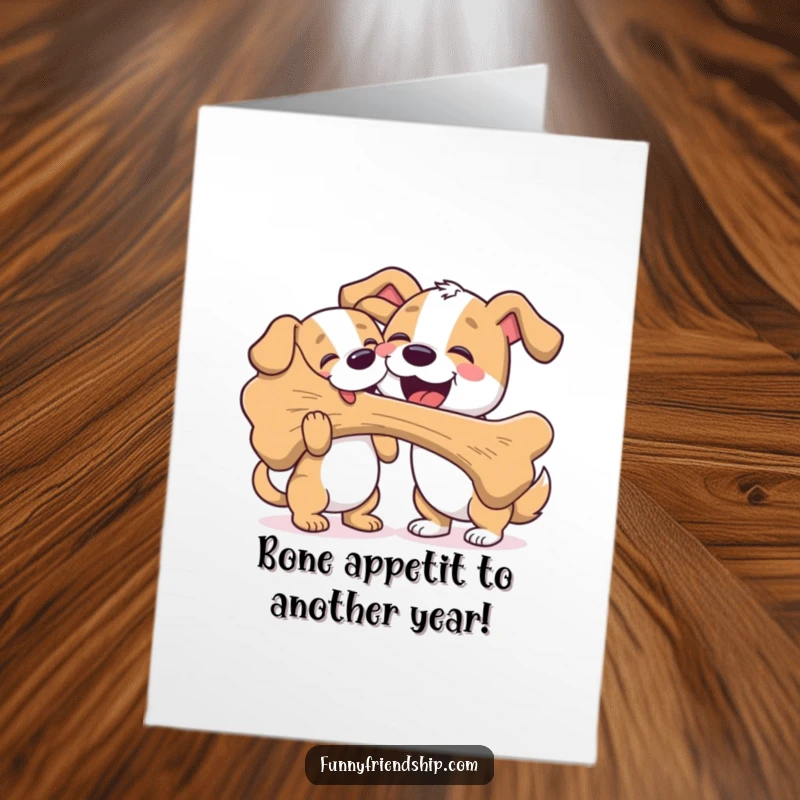 Funny Free Printable Birthday Card: Friendly dog happily shares a huge bone with another canine friend, downloadable art.