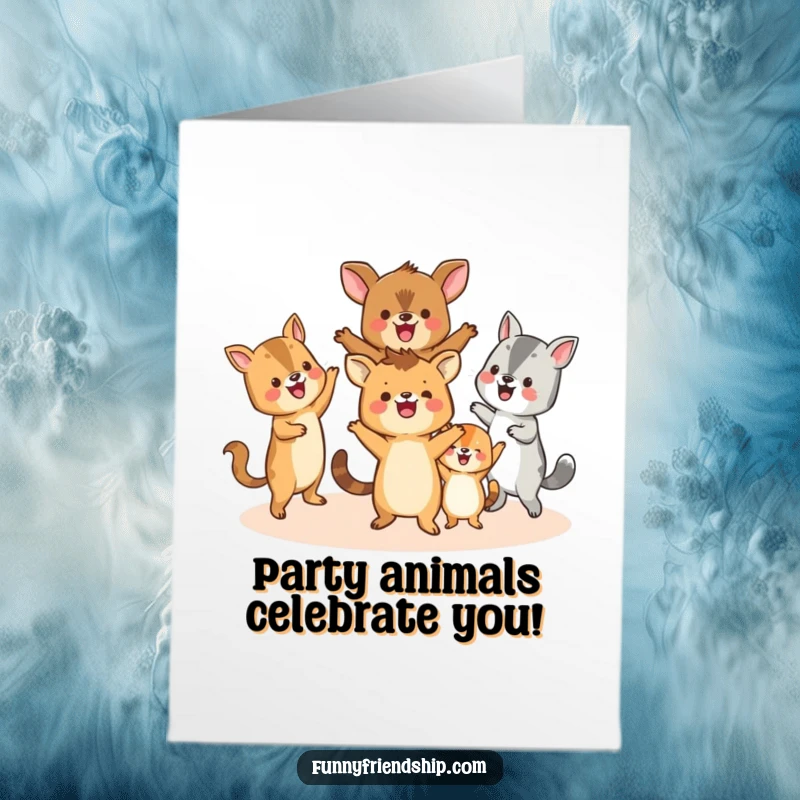 Funny Free Printable Birthday Card showing happy animals in a joyful circle dance, celebrating a special day with pure glee.