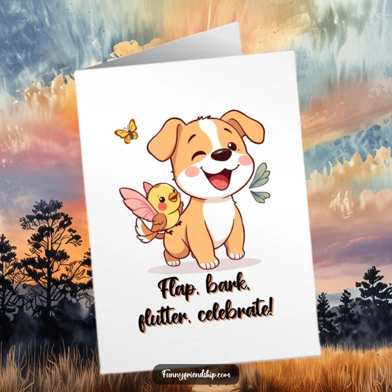 Funny Free Printable Birthday Card: Dog and bird joyfully chase a butterfly, spreading birthday cheer. A whimsical downloadable.