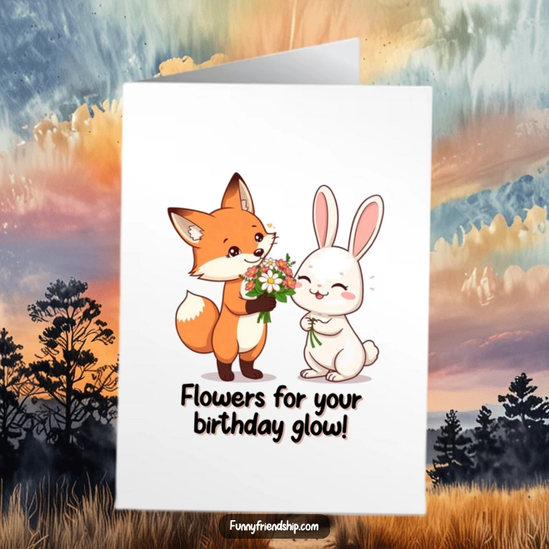 Funny Free Printable Birthday Card: A charming fox offers flowers to a giggling rabbit, a sweet celebration.