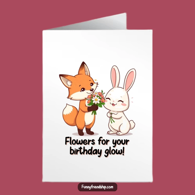 Free Printable Birthday Card: Fox & Rabbit Flowers, Sweet & Funny Downloadable Gift