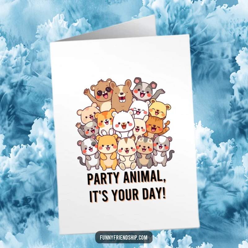Funny Free Printable Birthday Card: Diverse animal characters in a lively group celebrating. Downloadable gift.