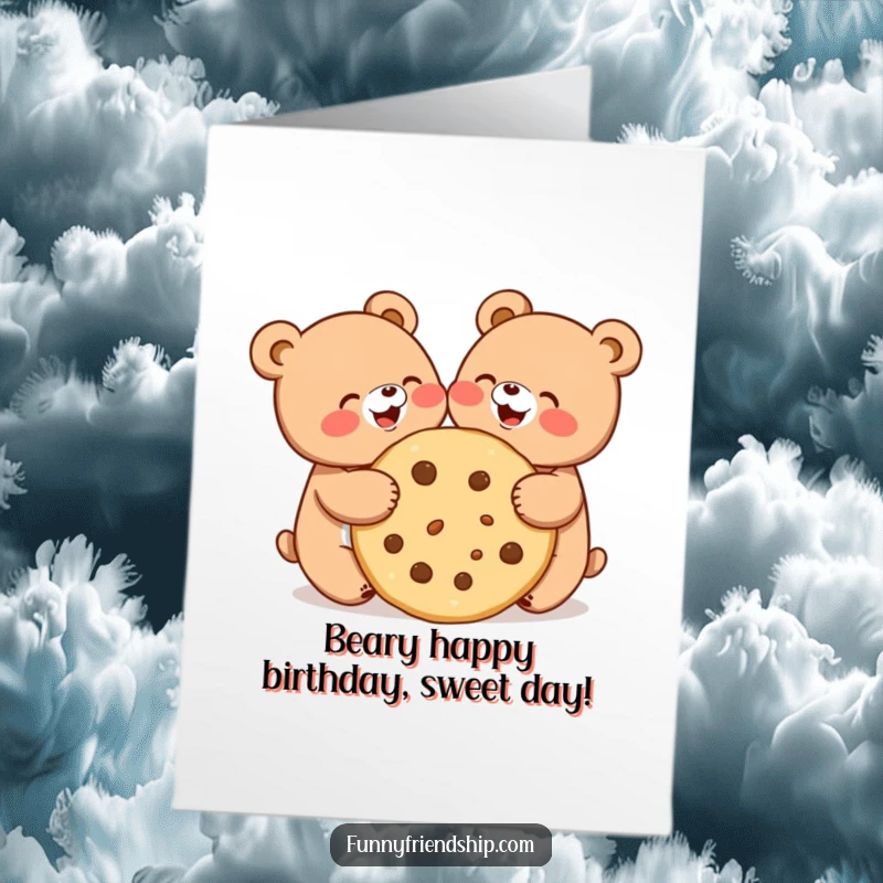 Funny Free Printable Bear Birthday Card: Two cute bears joyfully sharing a giant cookie, celebrating a happy birthday.