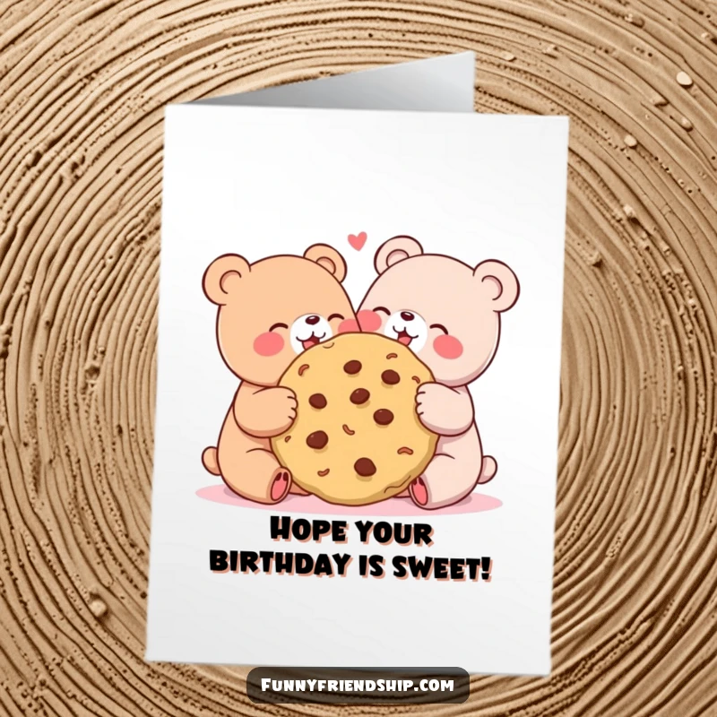 Funny Free Printable Birthday Card: Two cute bear characters joyfully sharing a giant cookie with happy expressions.