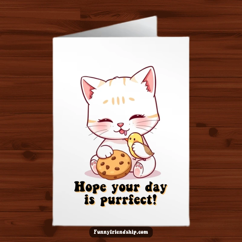 Funny Free Printable Birthday Card: a cat sharing a cookie with a tiny bird, a sweet downloadable greeting.