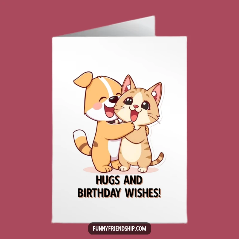 Free Printable Birthday Card: Dog Hugs Surprised Cat Funny Downloadable Gift