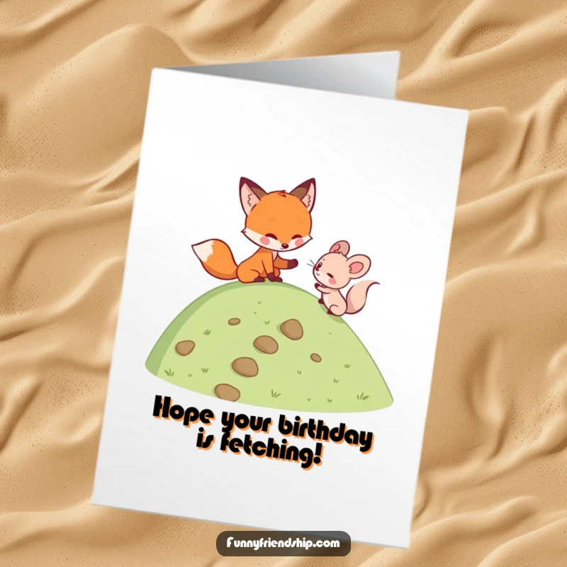Free printable birthday card showing a kind fox assisting a small mouse in climbing a steep hill, symbolizing support.