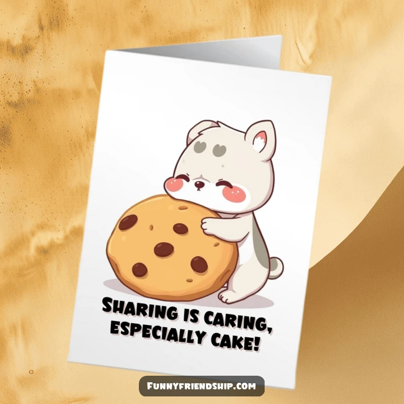 Funny free printable birthday card with two cute animals sharing a massive cookie, spreading joy and deliciousness.
