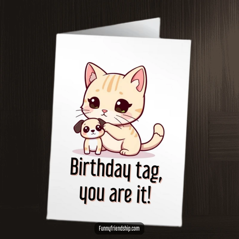 Funny Free Printable Birthday Card: A cat playfully tags a small dog with its paw, a moment of fun.