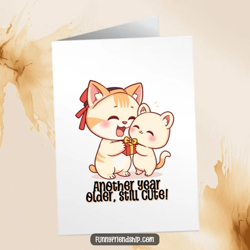 Funny Free Printable Birthday Card: A charming cat eagerly presents a tiny gift, radiating joy and birthday cheer.