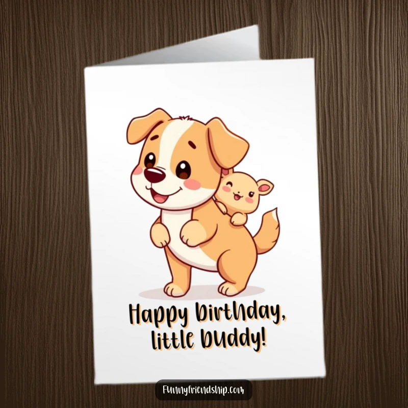 Funny Free Printable Birthday Card: A happy dog character joyfully gives a piggyback ride to a smaller creature.