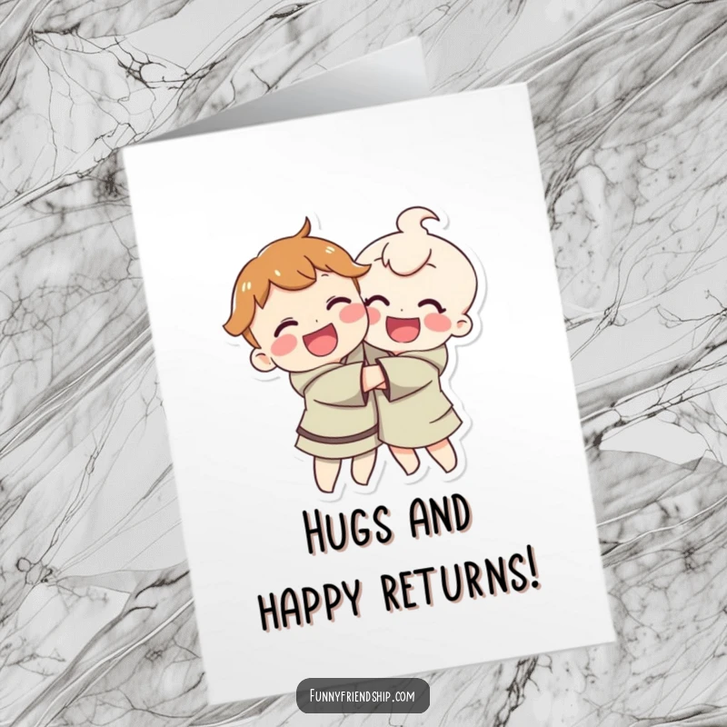 Funny free printable birthday card: Two delighted characters sharing a warm, wide-smiling hug.