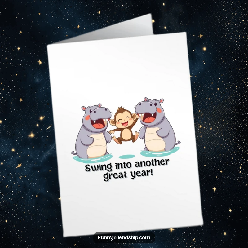 Funny Free Printable Birthday Card: A joyful monkey joyfully leaping between two wide-smiling, friendly hippos in a celebratory scene.