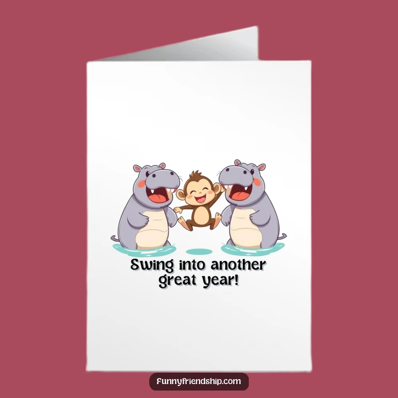 Free Printable Birthday Card: Joyful Monkey & Hippos Funny Downloadable Gift