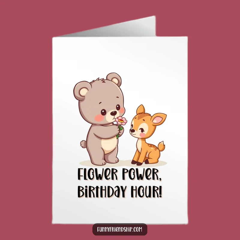 Free Printable Birthday Card: Playful Bear Cub with Flower Funny Downloadable Gift