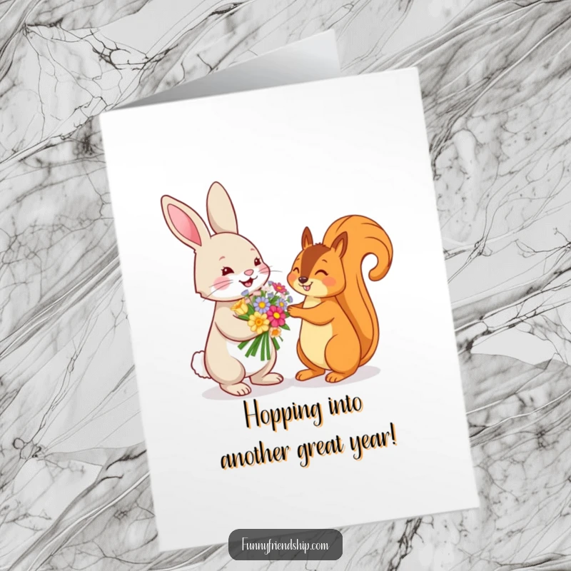 Funny Free Printable Birthday Card: Playful rabbit presents a flower bouquet to a delighted squirrel, birthday theme, downloadable art.