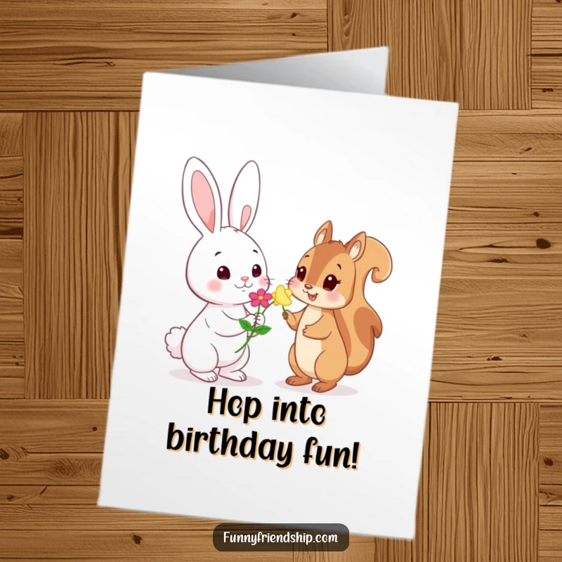 Funny free printable birthday card: a playful rabbit offers a flower to a shy squirrel.