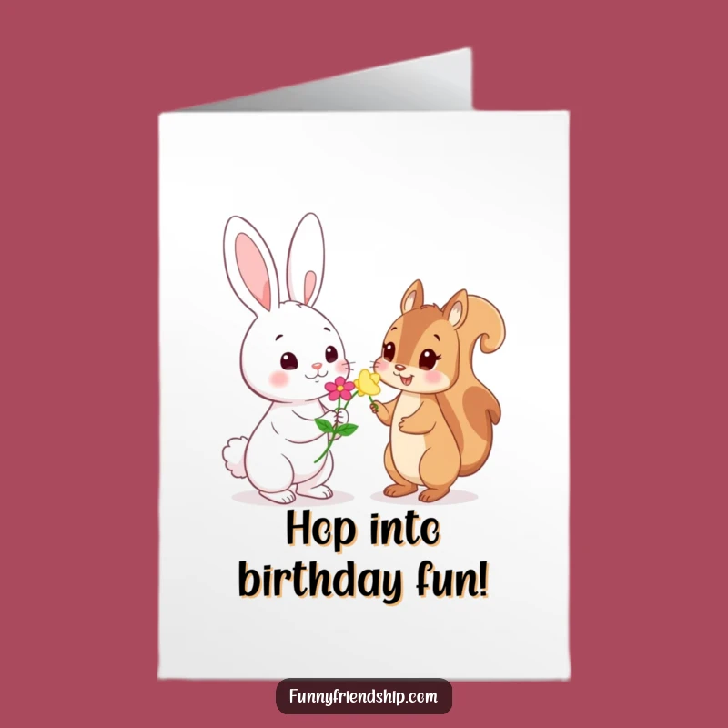 Free Printable Birthday Card: Rabbit Offers Flower Shy Squirrel Funny Gift