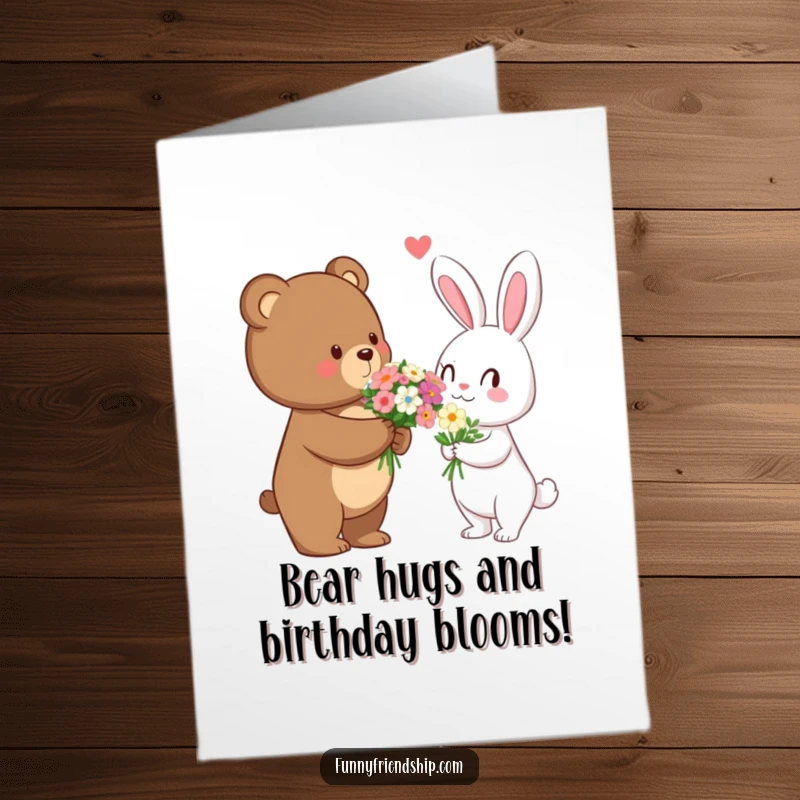 Free printable birthday card showing a friendly bear presenting a bouquet of flowers to a happy rabbit, a sweet gesture.