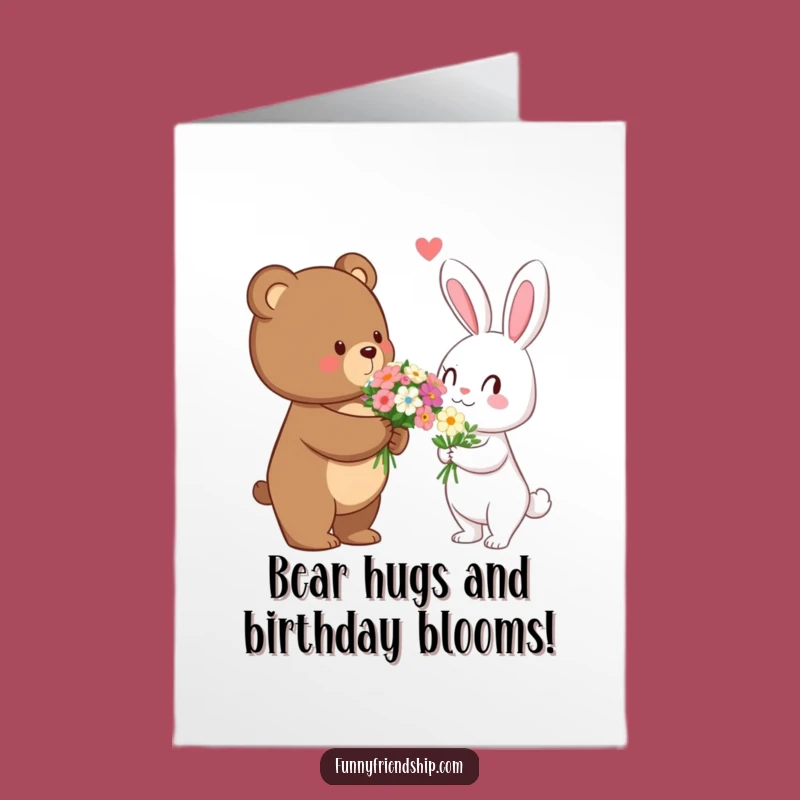 Free Printable Birthday Card: Sweet Bear & Rabbit Flower Gift