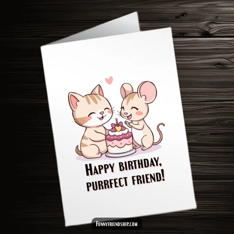 Funny Free Printable Birthday Card: A cat and mouse happily sharing a small cake, celebrating a birthday.